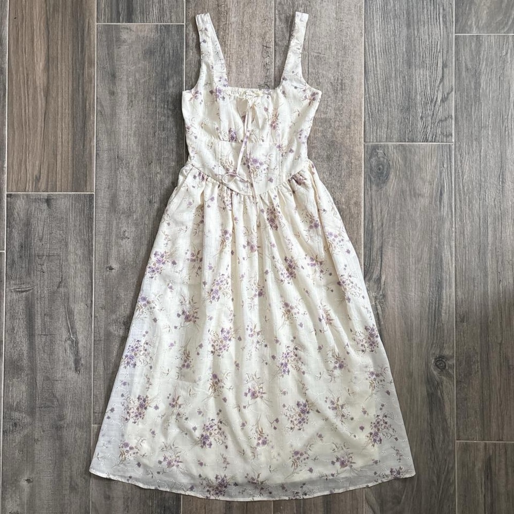 Jessica Simpson Cream Midi Dress with Lavender Floral Pattern